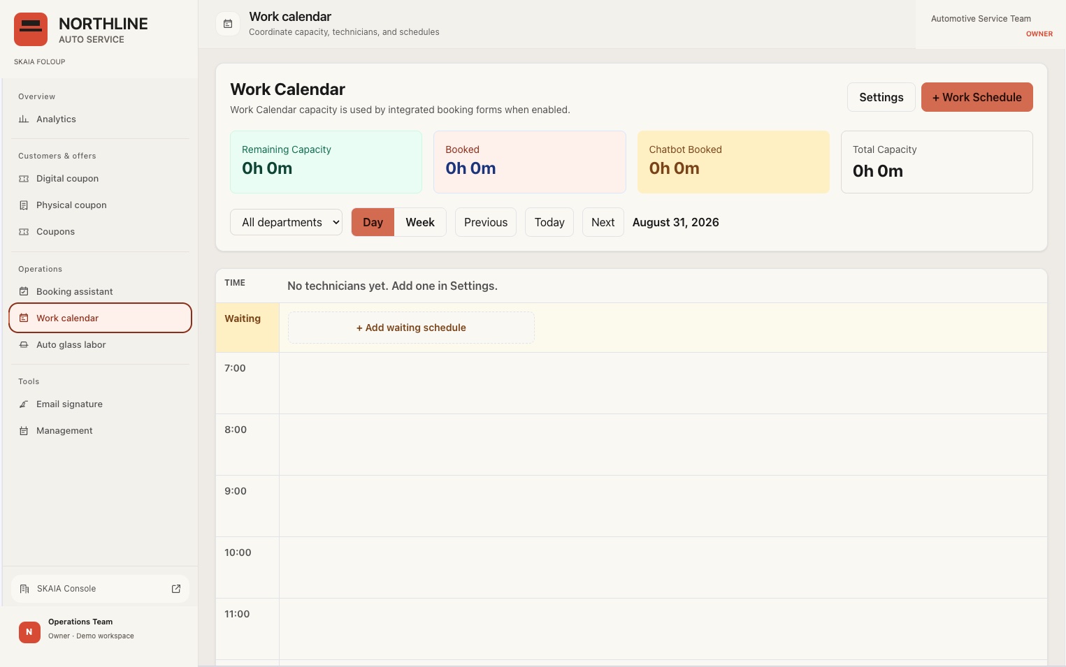 Foloup work calendar showing technician columns and scheduled jobs, with demo branding