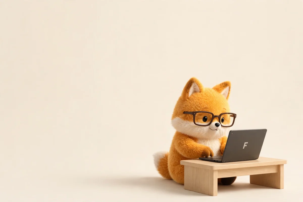 Folo at a small desk with a laptop, ready to get to work
