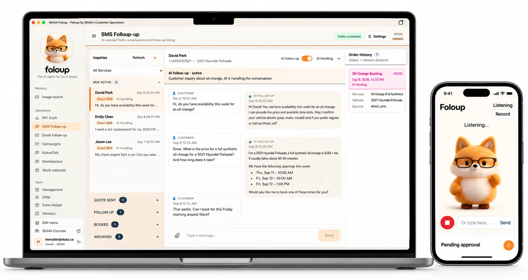 Foloup at work — the SMS Follow-up dashboard on a laptop beside the Foloup mobile app on a phone, where Folo is listening for a voice command