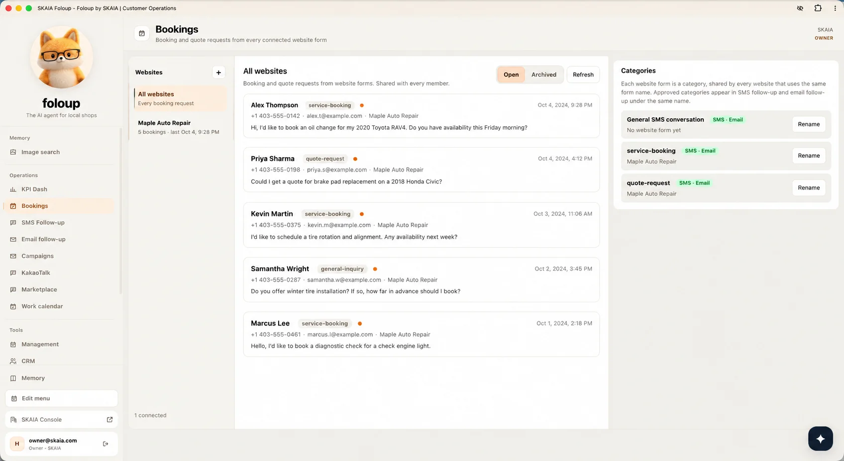 Foloup Bookings inbox collecting booking and quote requests from every connected website form